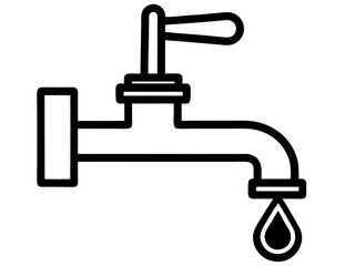 Water faucet icon, simple line drawing, minimalist design, dripping tap, black and white illustration, plumbing symbol, water conservation concept, single droplet, curved spout, valve handle, clean gr