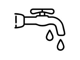 Water faucet icon, simple line drawing, minimalist design, dripping tap, black and white illustration, plumbing symbol, water conservation concept, single droplet, curved spout, valve handle, clean gr