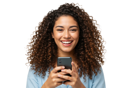 Portrait of a happy woman using mobile phone isolated on white background, no depth of field, sharp.