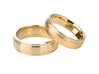 Two gold wedding rings  isolated on white background.PNG transparent.
