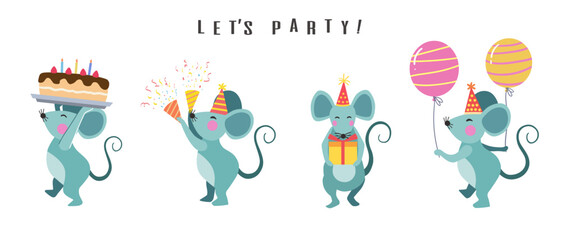 Happy birthday collection with mouse cartoon character. Birthday party vector illustration for greeting card, invitation, event, poster, sticker, prints.