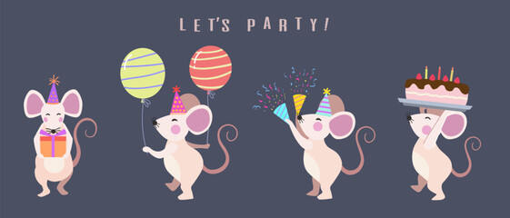 Happy birthday collection with white mouse cartoon character. Birthday party vector illustration for greeting card, invitation, event, poster, sticker, print.