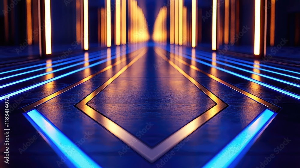 Poster floor abstract background concept. futuristic abstract corridor with glowing blue and orange lights 