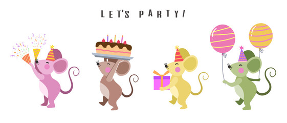 Happy birthday collection with colorful cartoon mouse characters. Birthday party vector illustration for greeting cards, invitations, events, posters, stickers, prints.