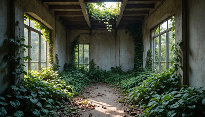 Obraz premium Abandoned room Interior transformed by vibrant green vegetation with natural sunlight with copy space