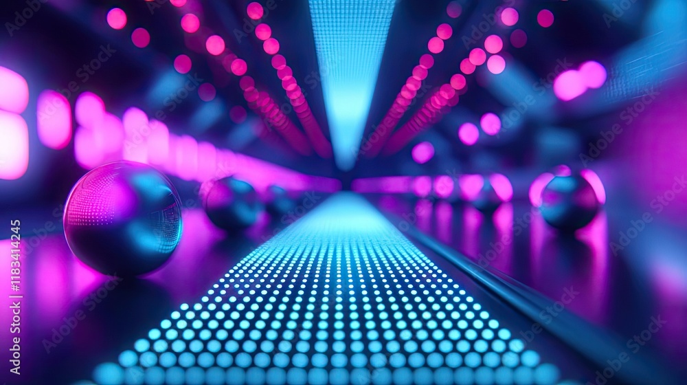 Poster dots abstract background concept. a futuristic view featuring colorful lights and metallic spheres c