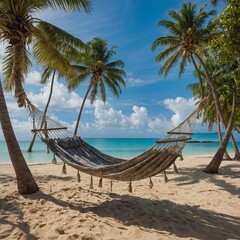 A cozy hammock strung between two palm trees on a tropical beach, overlooking the vast blue ocean.