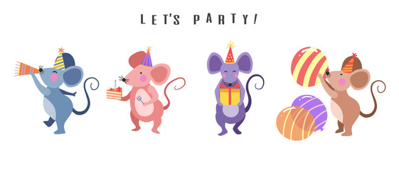 Happy birthday collection with colorful cartoon mouse characters. Birthday party vector illustration for greeting cards, invitations, events, posters, stickers, prints.