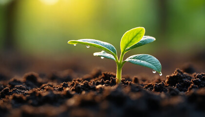 Hope-filled young seedling emerging in golden morning light