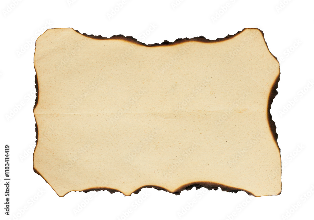 Poster old paper or map with burnt edges isolated on white background, no depth of field, sharp.