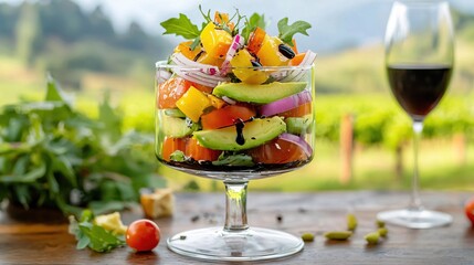 Fresh Avocado Tomato Salad in Glass Bowl Outdoor Setting