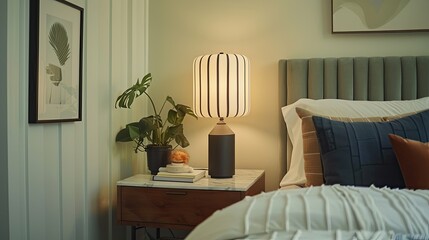 In the evening, a table lamp printed with black and white stripes sits on a marble end table next to the bed from the brand CB2, the focus is on the lamp