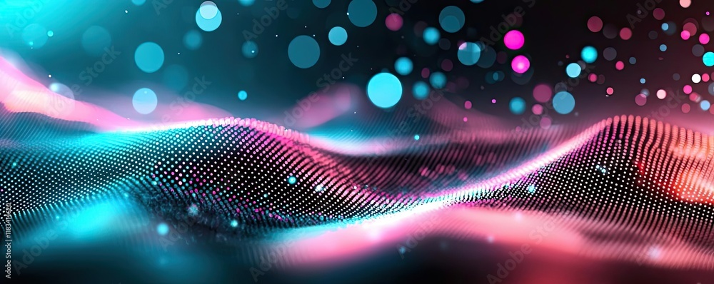 Poster dots abstract background concept. vibrant abstract waves with glowing particles in blue and pink sha