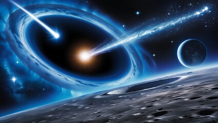 A vibrant blue tone pervades the cosmos as a massive black hole warps light around its void, its event horizon glowing with an ethereal aura. In the distance, a comet streaks past a radiant, shimmerin