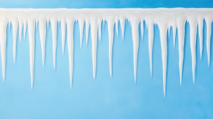 a row of long, sharp icicles glistening in the sunlight, with tiny water droplets forming 