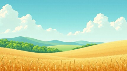 Fototapeta premium Serene Golden Wheat Field Under a Summer Sky with Rolling Hills