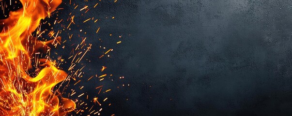 Fire abstract background idea. Dynamic flames with sparks on a textured black background, perfect for visuals.