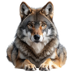Fototapeta premium A realistic depiction of a wolf lying down, showcasing its features.