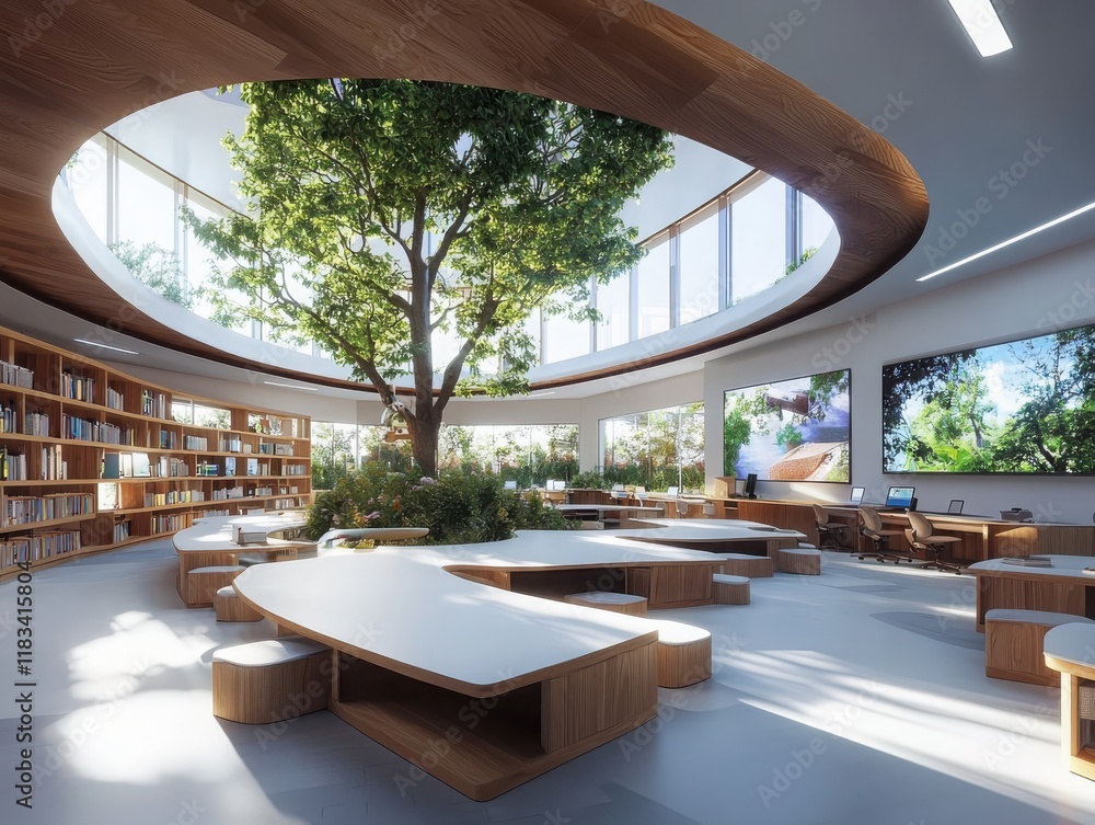 Poster innovative educational space modern classroom design visualization tranquil environment aerial view 