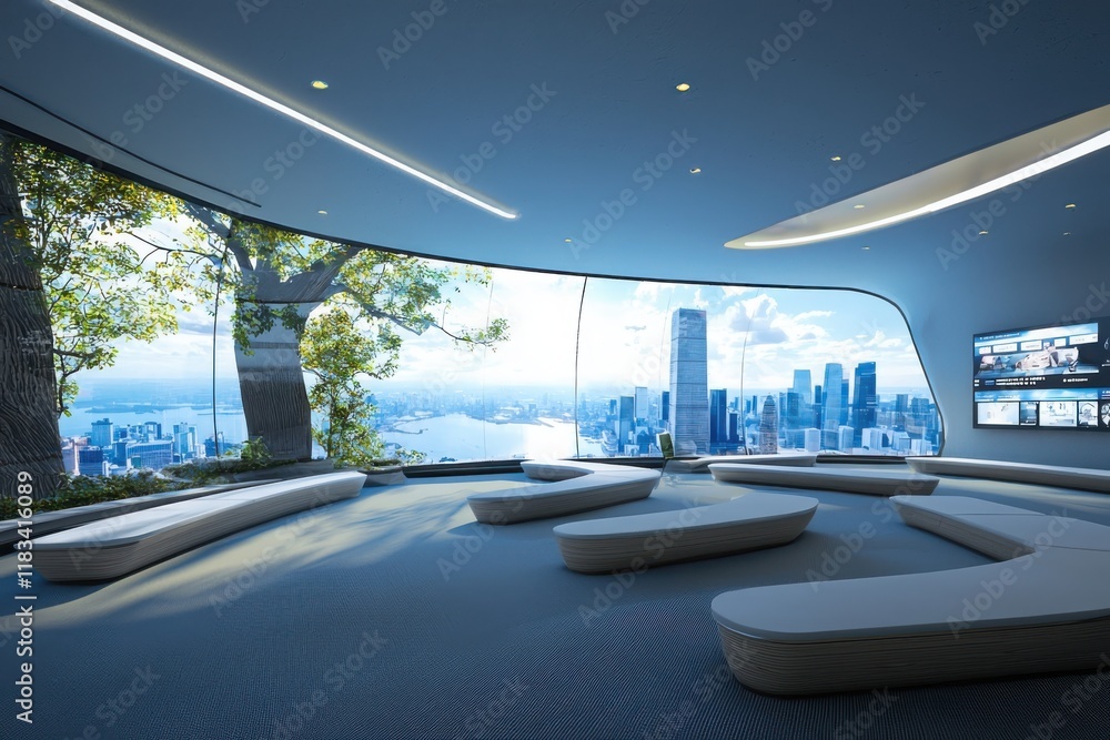 Aufkleber futuristic classroom design showcasing innovative learning spaces urban skyline view visual content 
