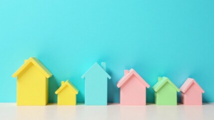 Pastel-colored miniature houses against a vibrant blue background represent growth and development