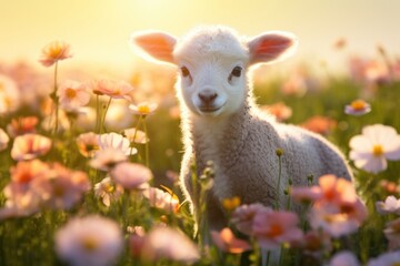 Naklejka premium Baby spring lamb flower field grassland.