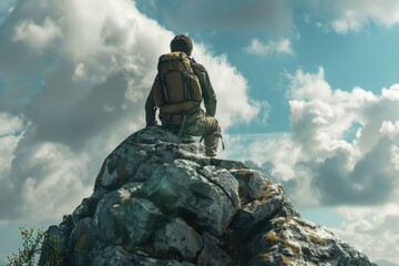 Guy with a travel backpack on the top of a boulder