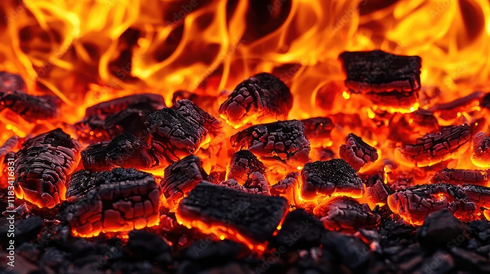 Poster fire abstract background idea. close-up of glowing charcoal embers burning in a campfire, creating a