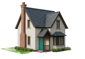 Detailed model of a quaint single-family residential house isolated on white background, no depth of field, sharp.