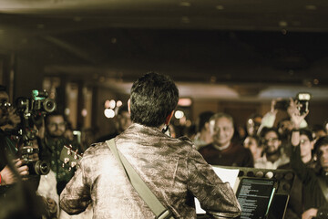 A captivating shot of a singer performing on stage, captured from behind, with an enthusiastic...