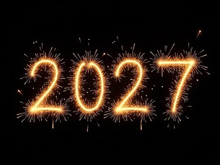 Sparkling 2027 Written with Fireworks on Black Background, Festive New Year Celebration Design
