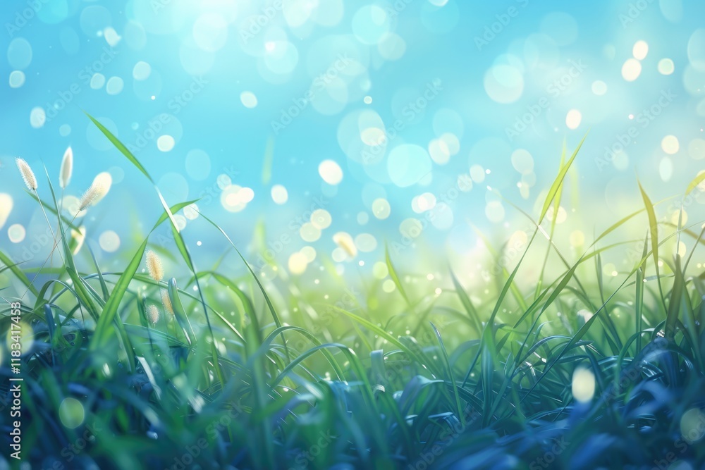 Poster spring or summer abstract nature background with grass and bokeh lights. blue sky in the back