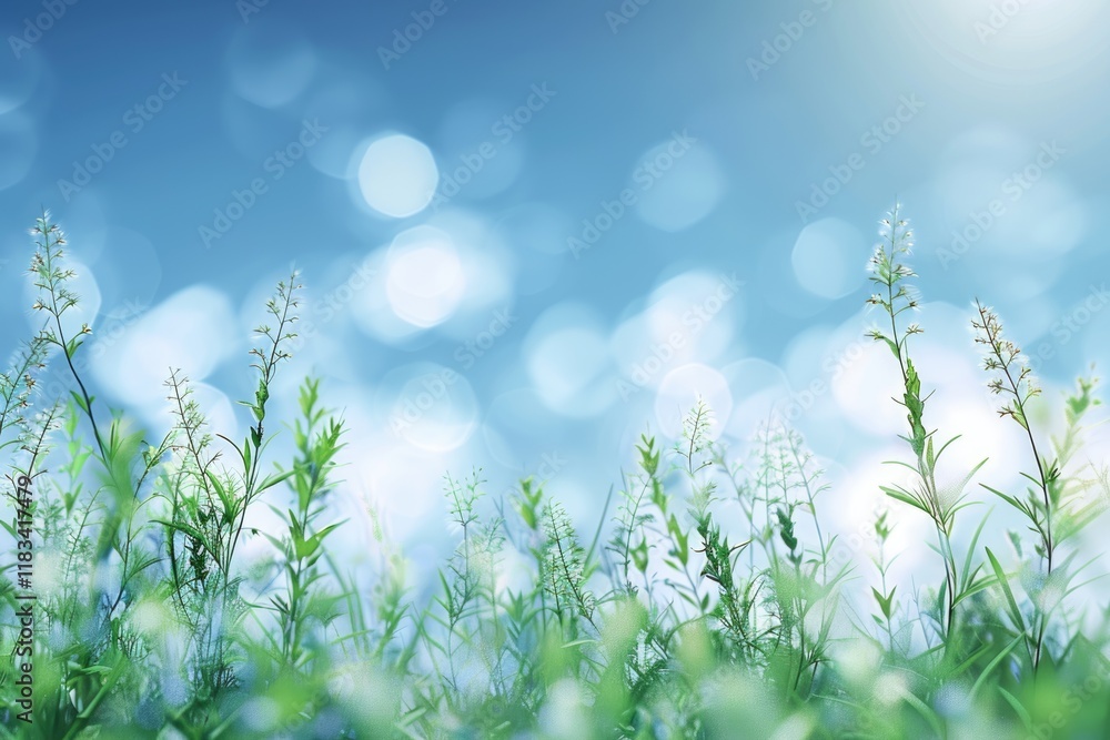 Poster spring or summer abstract nature background with grass and bokeh lights. blue sky in the back
