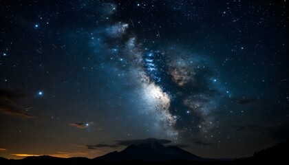 The Milky Way shines brightly over a mountain range, with streams of light trails illuminating the night sky