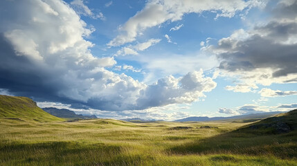Fototapeta premium breathtaking cinematic landscape featuring lush green fields under dramatic sky filled with clouds, evoking sense of tranquility and wonder