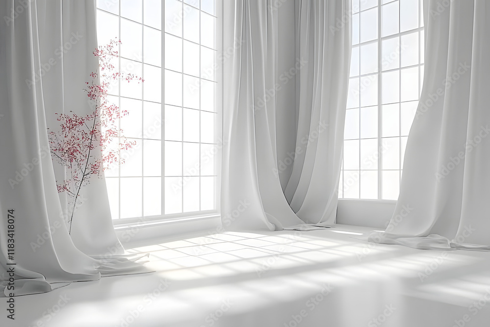 Poster a 3d-rendered empty white room with a window and curtains serves as a mockup template for stock phot