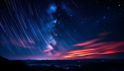 Obraz premium A man stands in the mountains as streams of light from star trails swirl above, creating a captivating night landscape