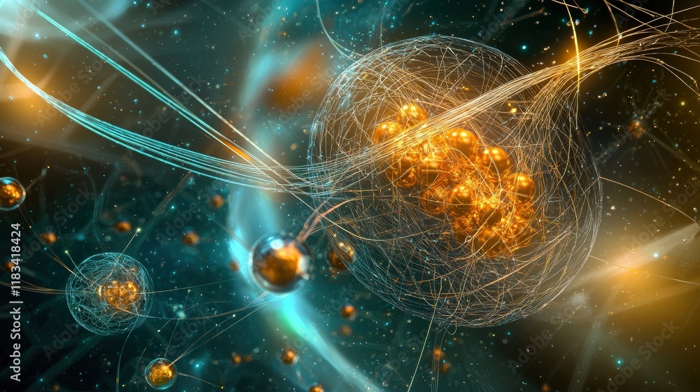 Poster render an abstract representation of atomic particles interacting with electromagnetic fields