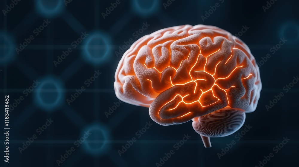 Poster intricate human brain structure with neural connections glowing