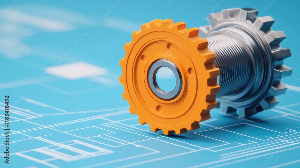 Poster gear component on technical blueprint background for manufacturing use