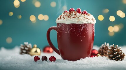 Hot cocoa steaming with whipped cream and cranberries sits on snow with festive ornaments and pine cones.