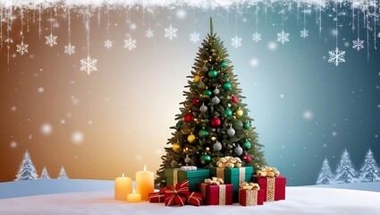Obraz premium Snow-Covered Christmas Tree with Colorful Ornaments and Gift Boxes in a Winter Wonderland