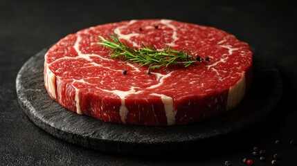 Raw beef steak, rosemary, dark background, food photography, recipe