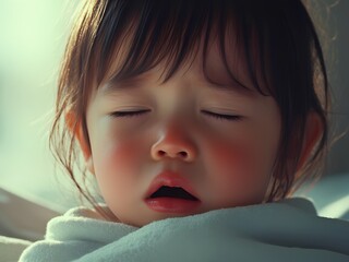 Close-up of a young child sleeping with flushed cheeks, suggesting a fever. Wrapped in a blanket, the child rests, possibly ill with a cold or flu. The image portrays the vulnerability