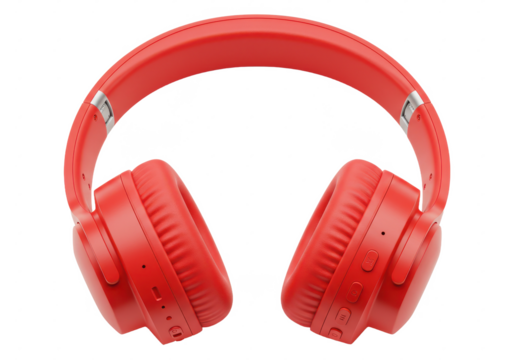 Red wireless headphone isolated on white background, no depth of field, sharp.