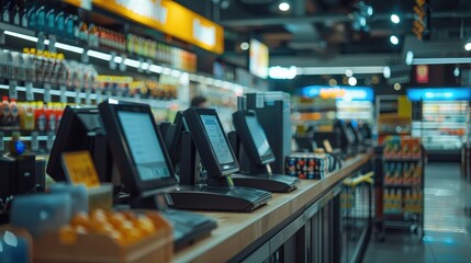 Modern, cashier-less checkout kiosks in a vibrant supermarket setting. Streamlined, efficient shopping experience.