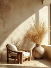 Minimalist Living Room Design with Wooden Chair and Pampas Grass Vase