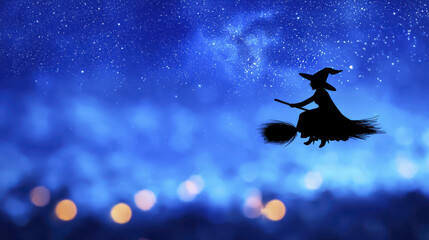Naklejka premium whimsical witch silhouette flying on broomstick against starry night sky, evoking sense of magic and adventure