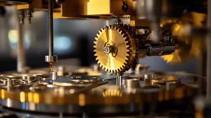 Fototapeta premium A close-up of gears and mechanisms in a functioning production machine.