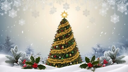 Obraz premium Snow-Covered Christmas Tree with Colorful Ornaments and Gift Boxes in a Winter Wonderland